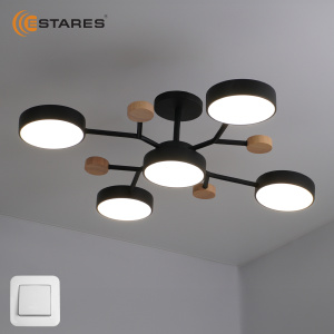 Управляемая светодиодная люстра LEVITA 75W 5R-ON/OFF-750x195-BLACK/WOOD/WHITE-220-IP20
