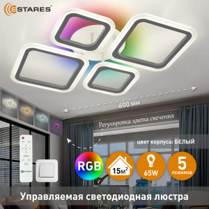 Управляемая светодиодная люстра OVAL RGB 65W 4S1R-RC-600x445x95-WHITE/WHITE-220-IP20