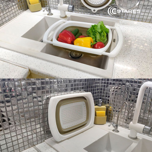 Дуршлаг складной силиконовый с телескоп. руч. ES-CL-portable-telescopic-39/60х27х12/4-white/beige