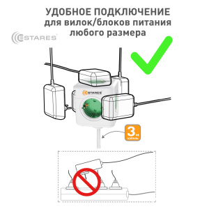 Разветвитель-удлинитель 4 Евро + 2 USB "COMFORT CUBE" 4G-2USB(2x2A)-green/white-3m(3x1mm)