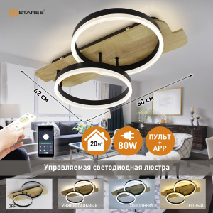 Управляемая светодиодная люстра  WOODY LOFT 80W 2R-APP-600x420x135-BLACK/WOOD-220-IP20