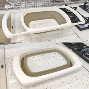 Дуршлаг складной силиконовый с телескоп. руч. ES-CL-portable-telescopic-39/60х27х12/4-white/beige